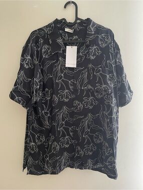 Silk Laundry Oversized Black Floral-Outline Button Down Shirt